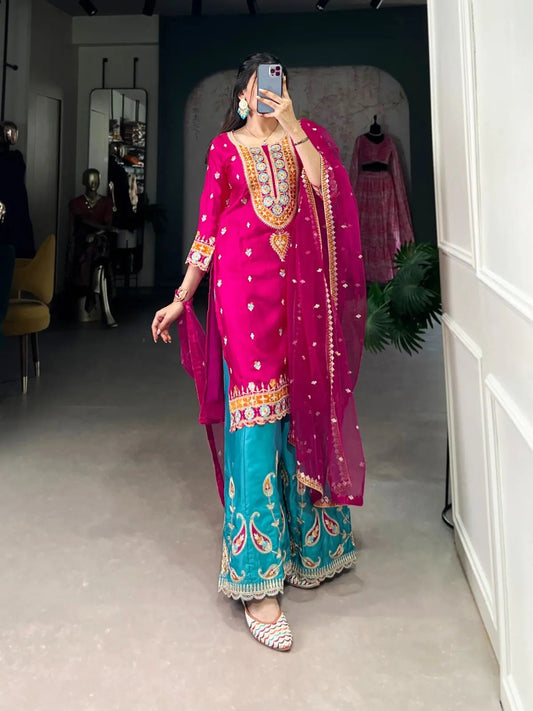 Ethenika Silk Sequence Embroidery Work Kurti Sharara Dupatta Set (Stitched) - Premium  from Ethenika.com  - Just INR 4990! Shop now at Ethenika.com 