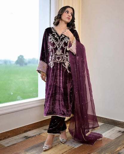 Winter Special Embroidery kodi work Velvet Kurti Pant Dupatta Set - Premium  from Ethenika.com  - Just INR 3290! Shop now at Ethenika.com 