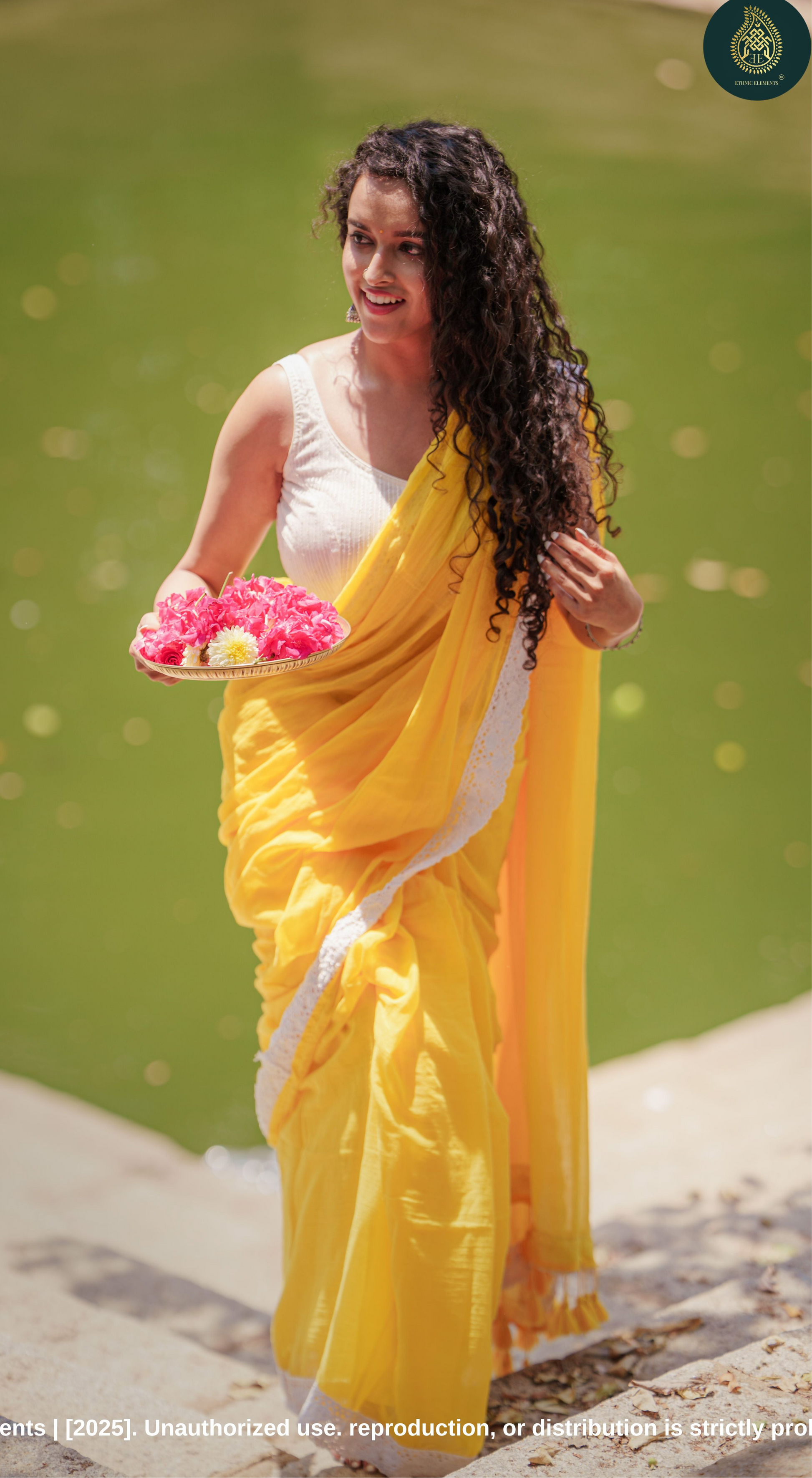 Sunlit Bloom: Yellow Mul Cotton Saree With Crochet Border