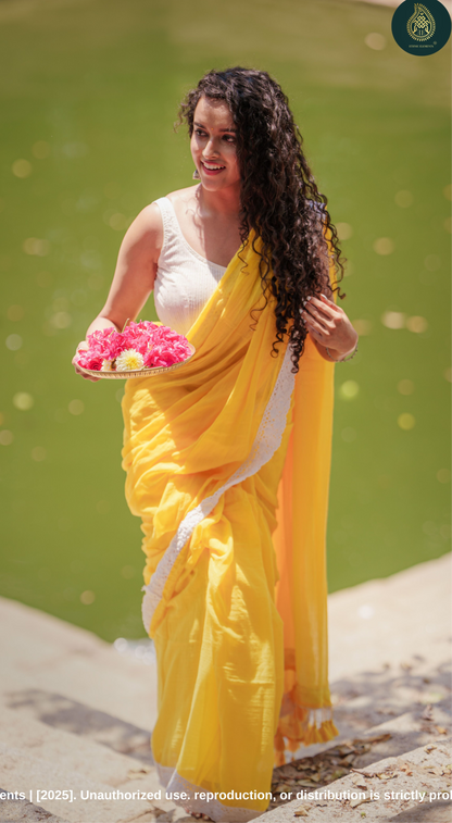 Sunlit Bloom: Yellow Mul Cotton Saree With Crochet Border