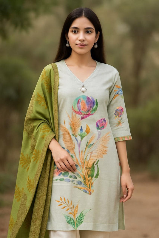 Rama Green Off White Print 2 Piece Kurta Set For Women