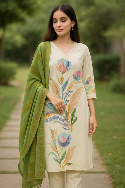 Rama Green Off White Print 2 Piece Kurta Set For Women