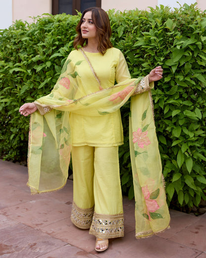 Jaswanti Yellow Handpainted Chanderi Suit Set 