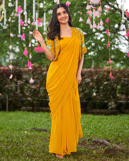 Uday Mustard Yellow Embroidered Chinon Pre Draped Saree