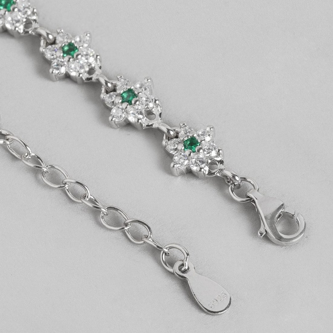 Floral 925 Sterling Silver anklet jewellery for women featuring green CZ stones, chain and clasp – Zavya