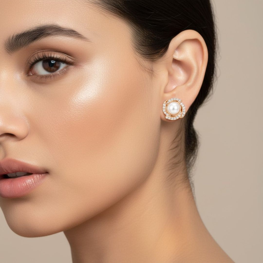Rose Gold Pearl Stud Earrings For Women