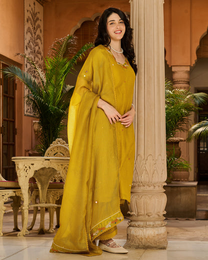 Saaz Mustard Embroidered Chanderi Suit Set