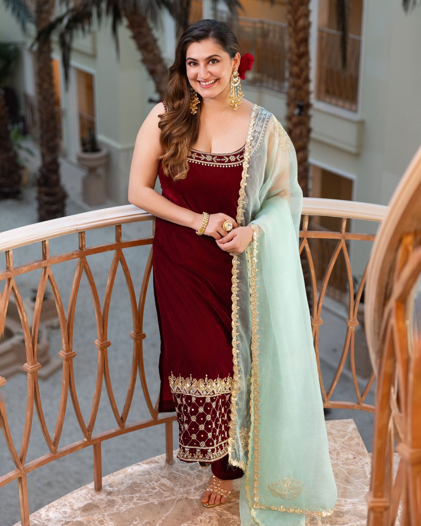 Muglahi Maroon Embroidered Velvet Suit Set