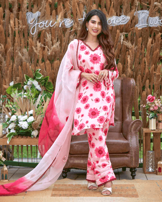 Nysa Pink Printed Silk Suit Set