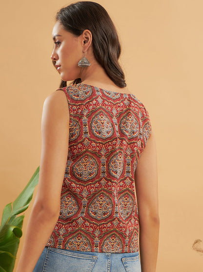 Maroon Mughal Kalamkari Sleeveless Top
