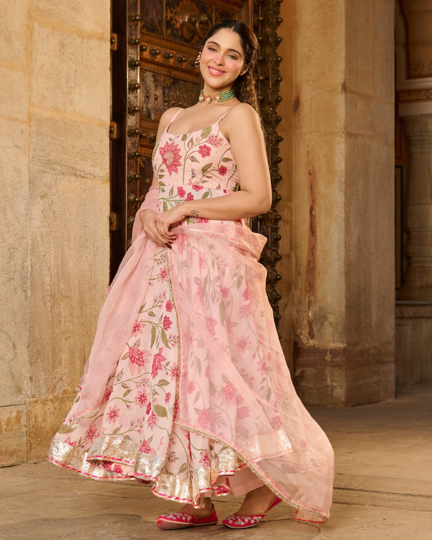 Belle Baby Pink Printed Viscose Organza Suit Set
