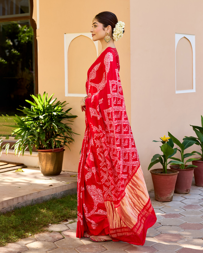 Kumkum Red Gajji Silk Bandhej Saree
