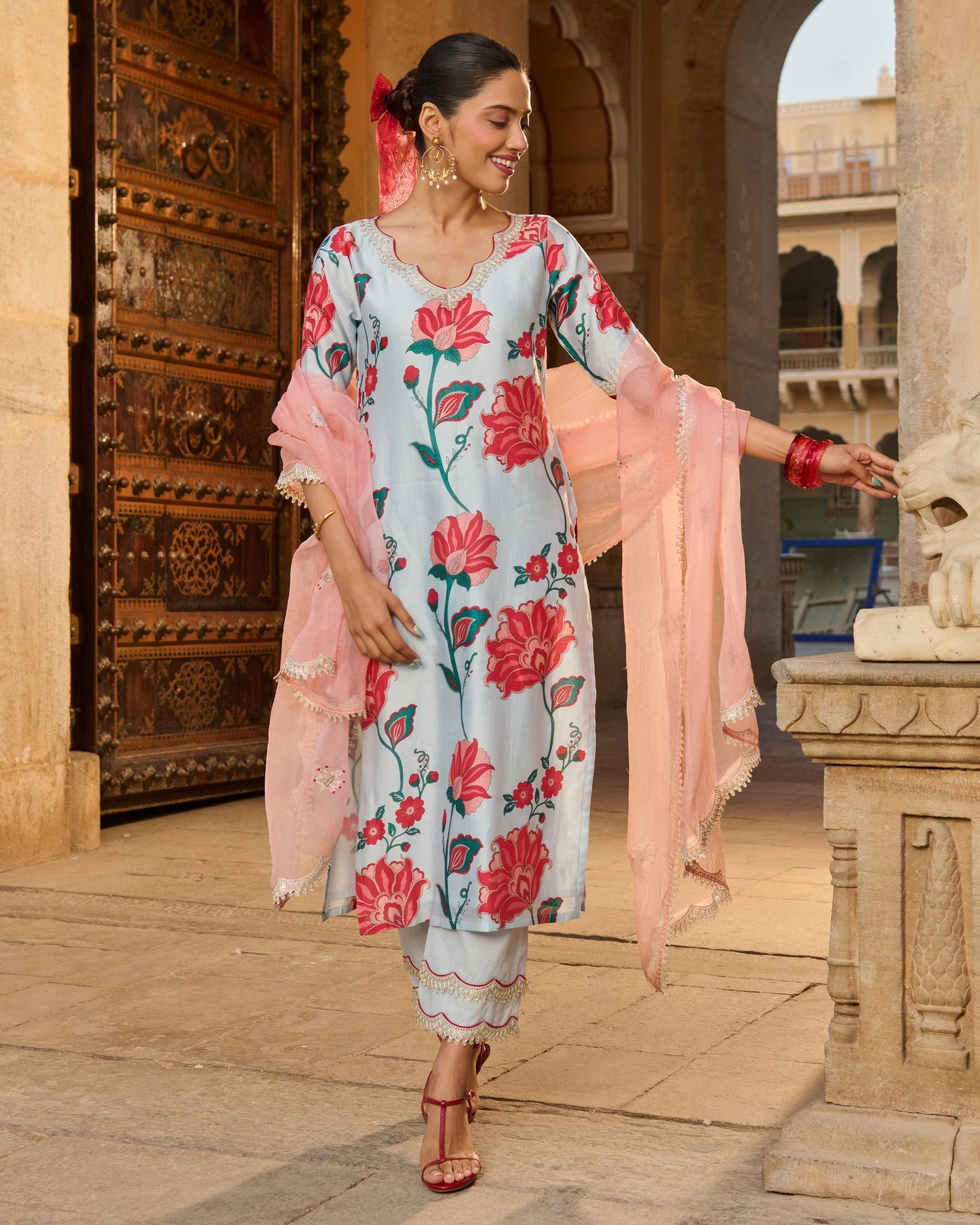 Saumya Light Blue Printed Chanderi Suit Set