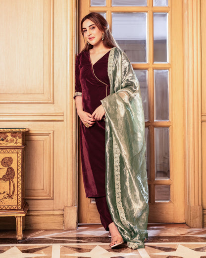 Behana Maroon Solid Velvet Suit Set