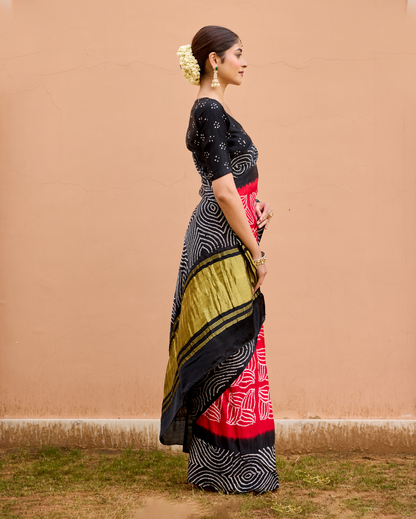 Rate Black Gajji Silk Bandhej Saree