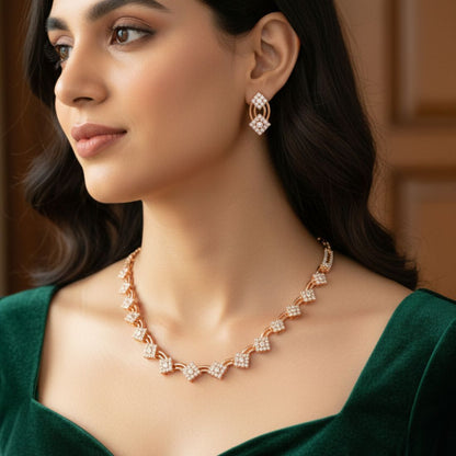 Rose Gold Square Floral Design Necklace Set