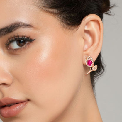 Rose Gold Floral Stud Earrings With Pink Stone