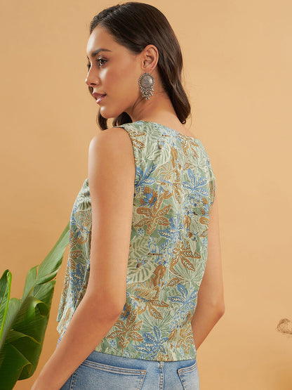 Dull Green Leaf Floral Print Sleeveless Top