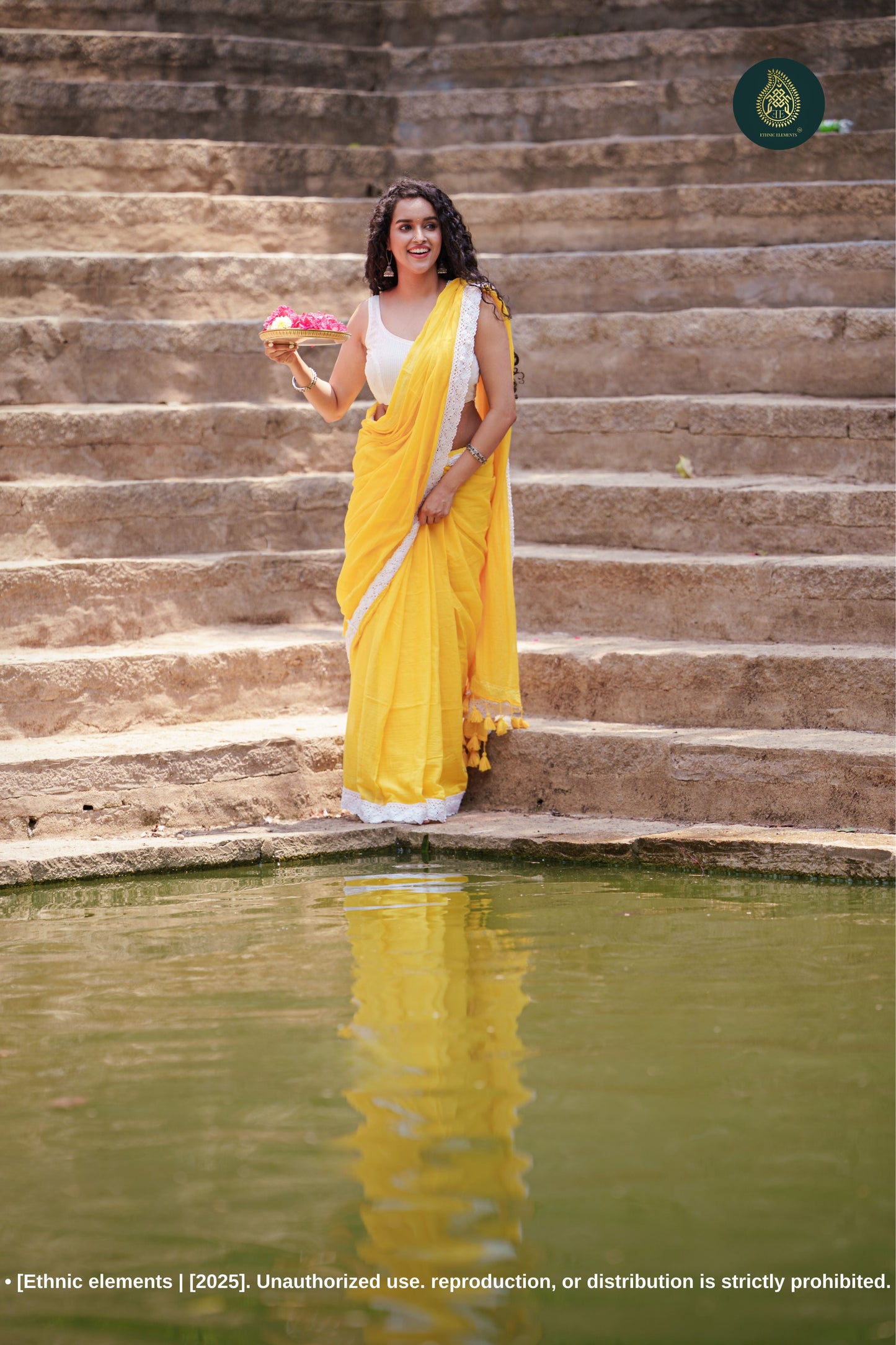 Sunlit Bloom: Yellow Mul Cotton Saree With Crochet Border