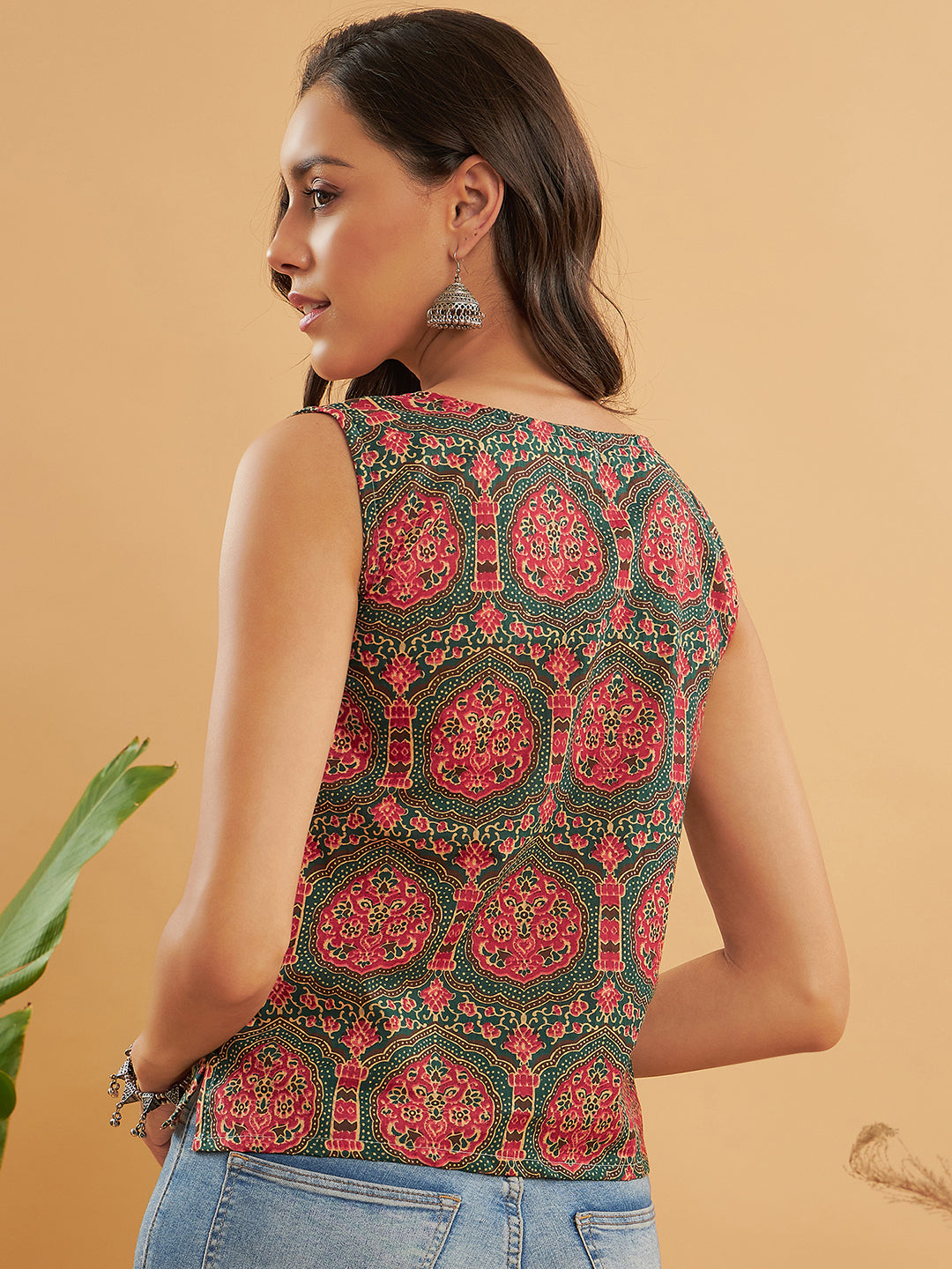 Green Red Mughal Kalamkari Sleeveless Top