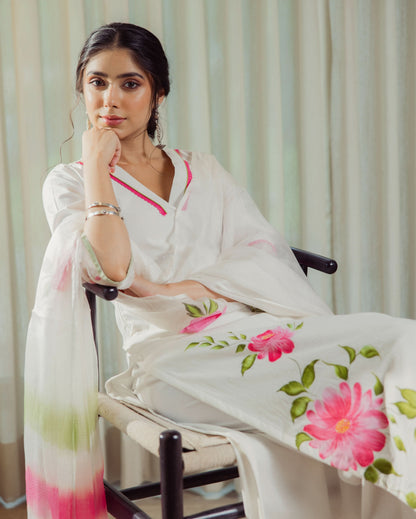 Poise White Handpainted Cotton Suit Set