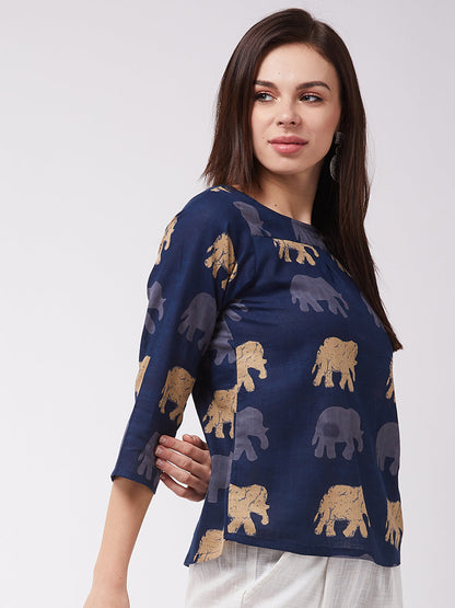 Elephant Print Blue Top