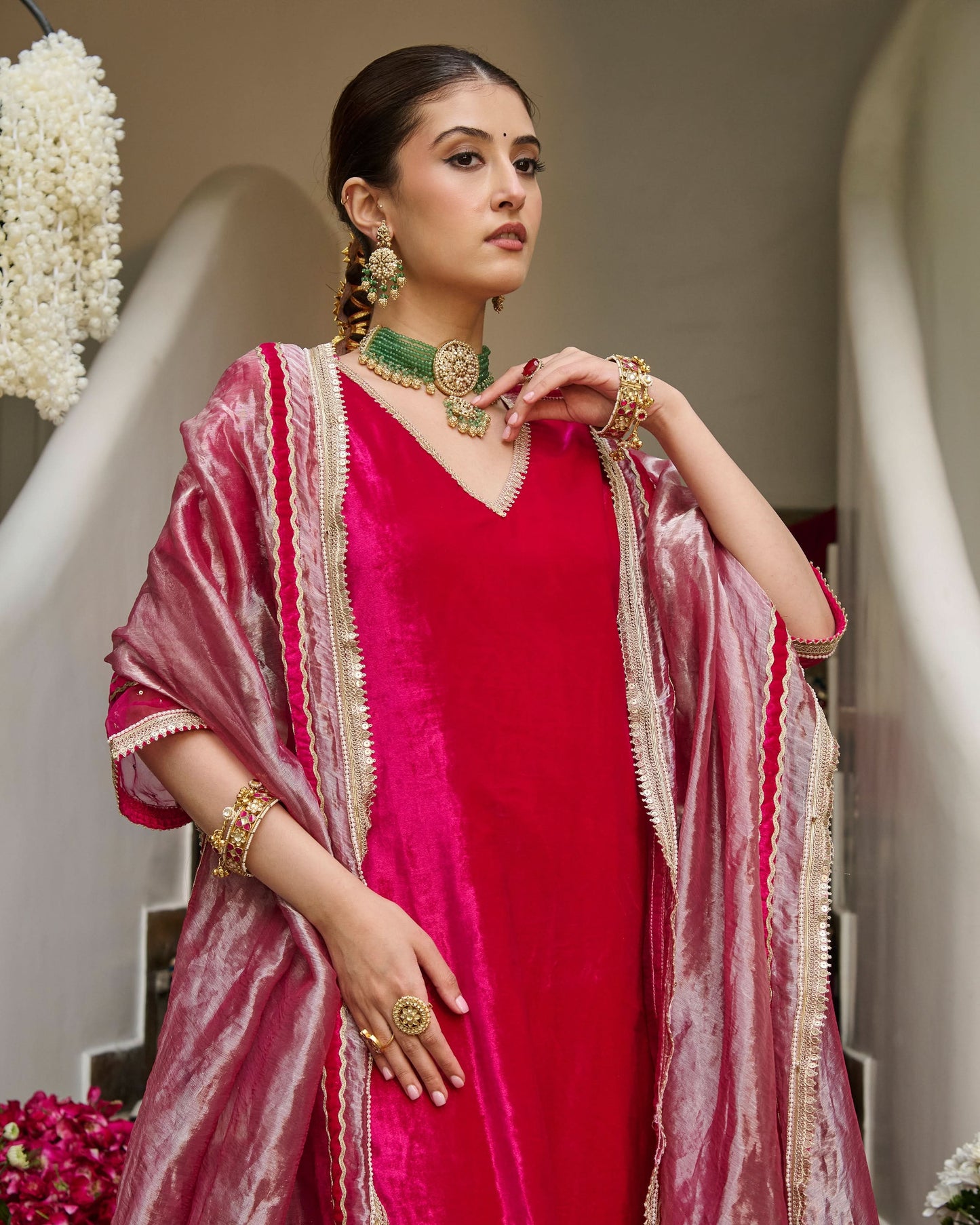 Rima Pink Solid Velvet Suit Set