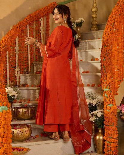 Prakash Rust Orange Solid Chanderi Suit Set