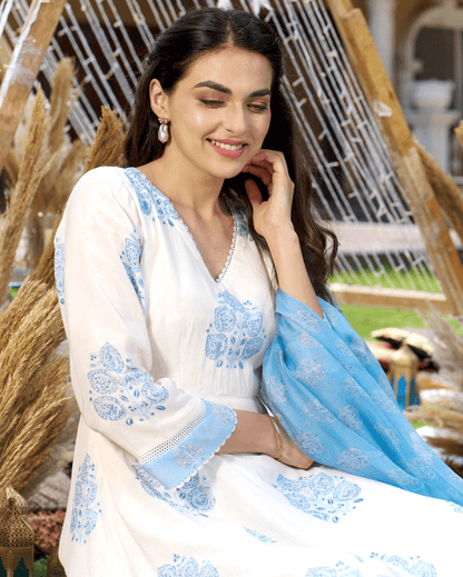 Rudra White Printed Silk Suit Set
