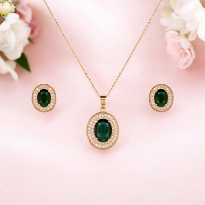 Rose Gold Green Oval Necklace Set for Women And Girls