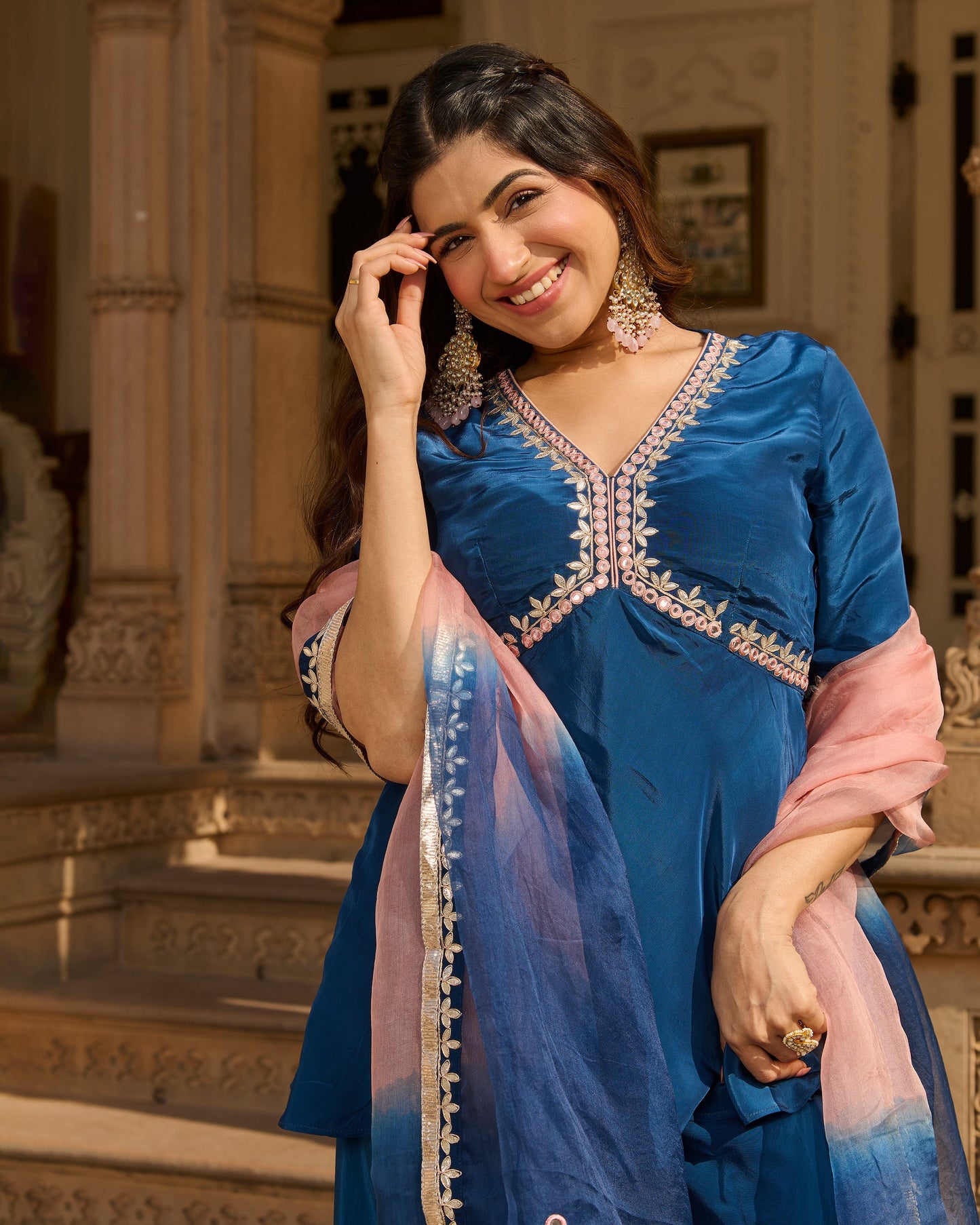 Maison Blue Solid Crepe Suit Set
