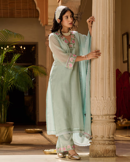Neer Blue Embroidered Chanderi Suit Set