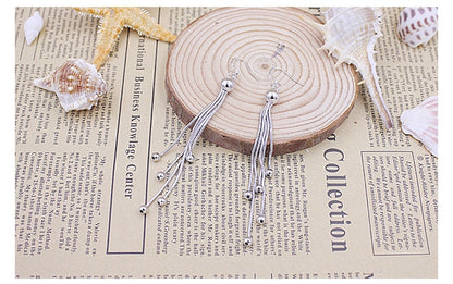Nilu's Collection Silver Plated Long Five Beads Retro Earrings Flash Jewelry for Girls and Women Alloy Drops & Danglers