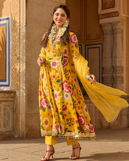 Iltija Yellow Printed Chanderi Suit Set