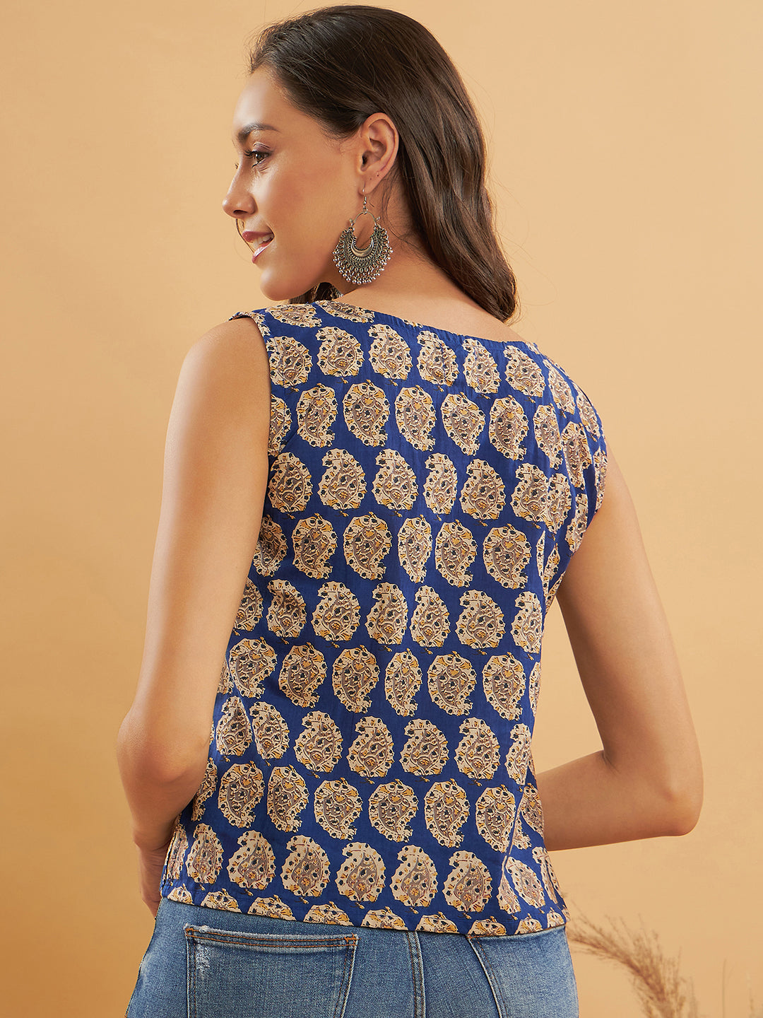 Ink Blue Small Paisley Kalamkari Sleeveless Top