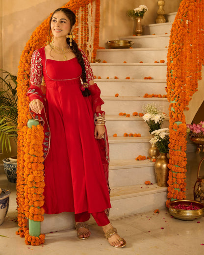 Roli Red Solid Chanderi Suit Set