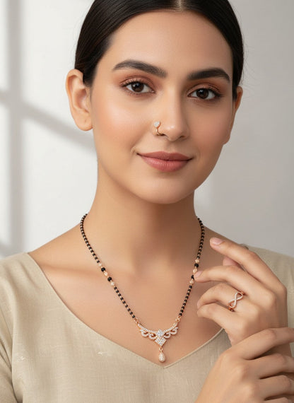 Rose Gold Mangalsutra With Nosepin And Ring