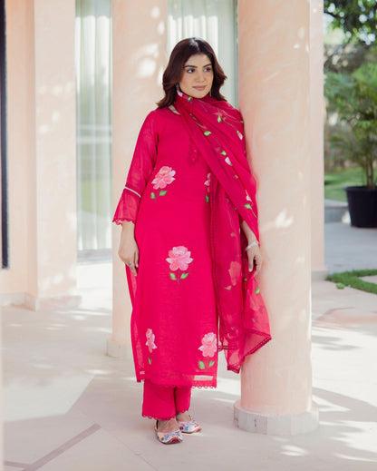 Meadow Magenta Handpainted Chanderi Suit Set