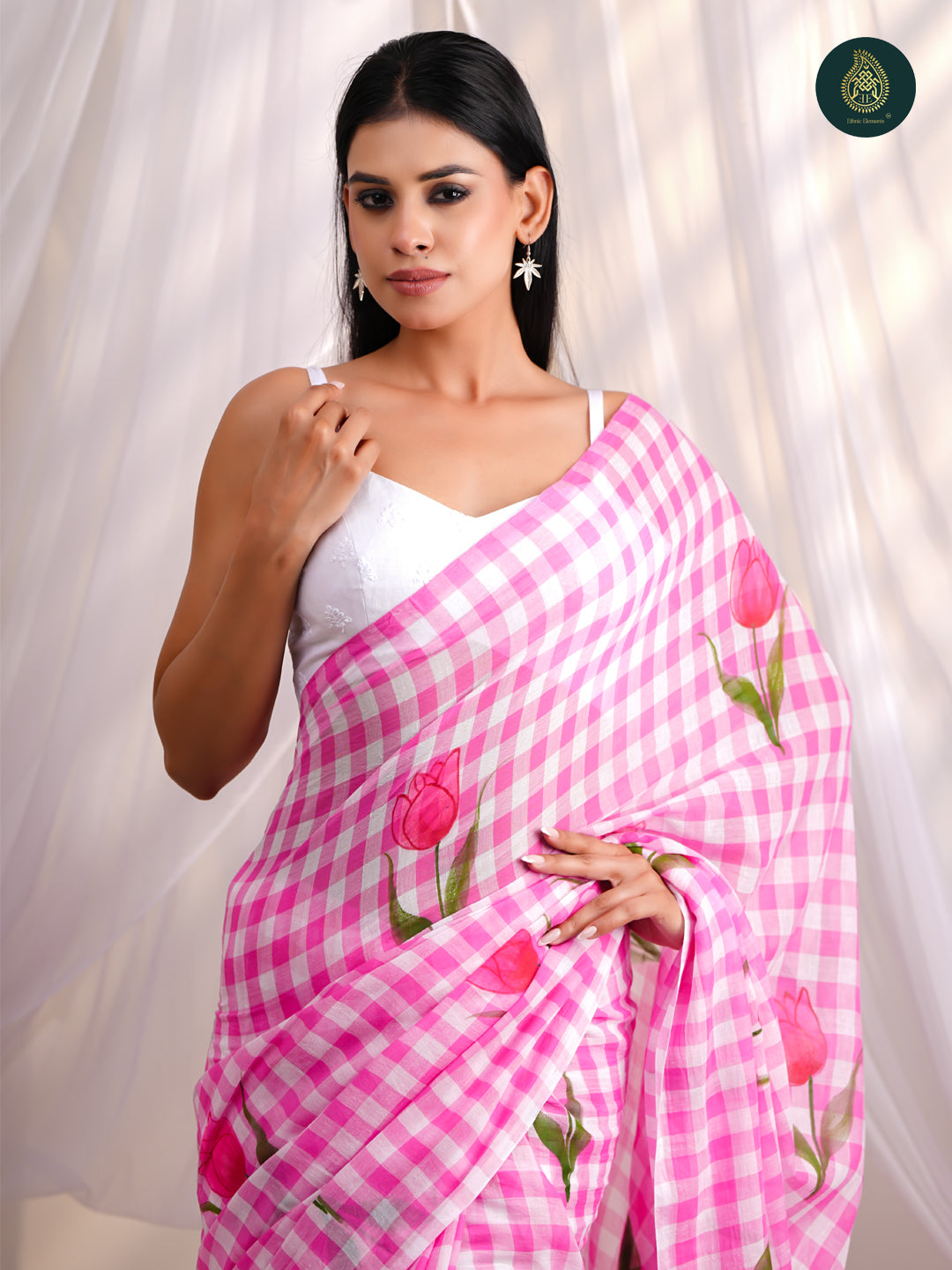 Rose Pink Gingham Checks Mul Cotton Saree - Hand painted