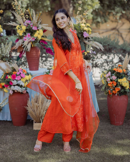Saumya Orange Bandhani Chanderi Suit Set