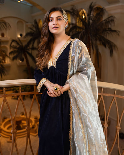 Murshid Navy Solid Velvet Suit Set