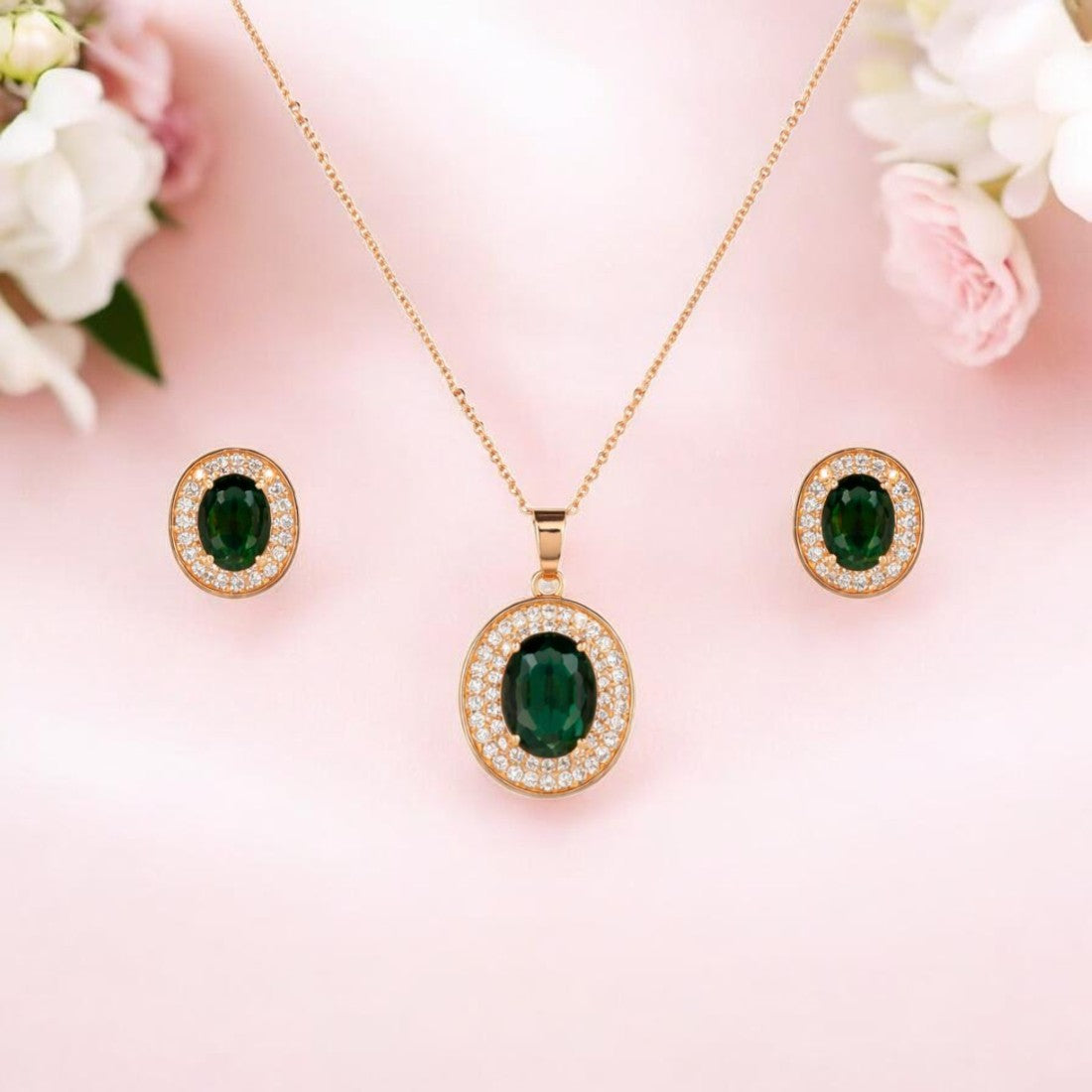 Rose Gold Green Oval Necklace Set for Women And Girls