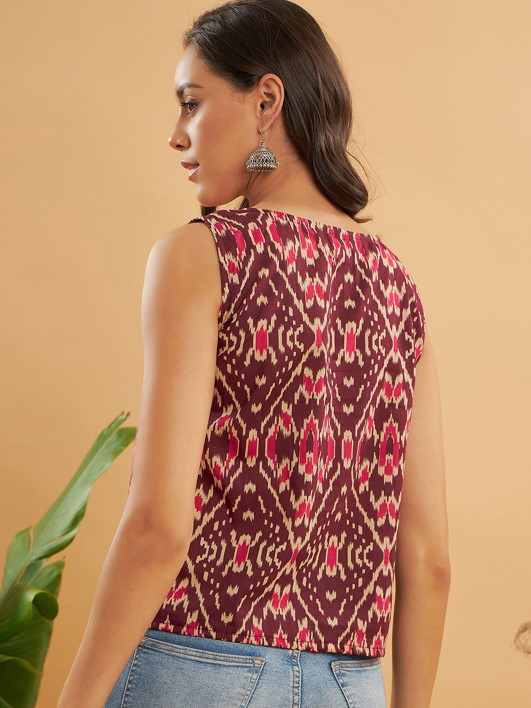 Wine Ikkat Print Sleeveless Top