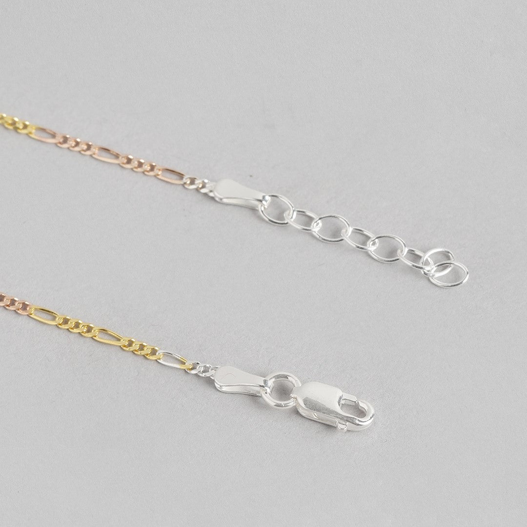 Minimalist women's 925 Sterling Silver anklet showing triple tone figaro chain and adjustable clasp – Zavya