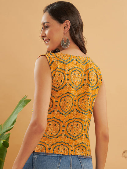 Haldi Yellow Mughal Kalamkari Sleeveless Top