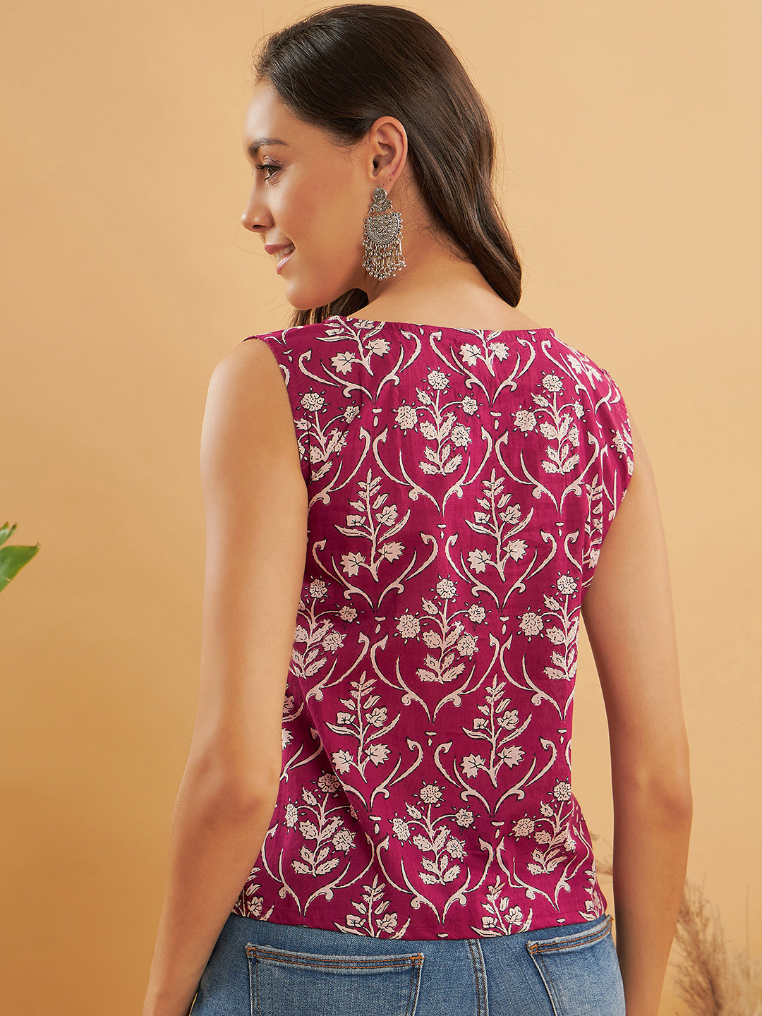 Wine Cream Floral Print Sleeveless Top