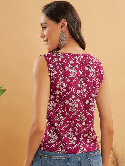 Wine Cream Floral Print Sleeveless Top