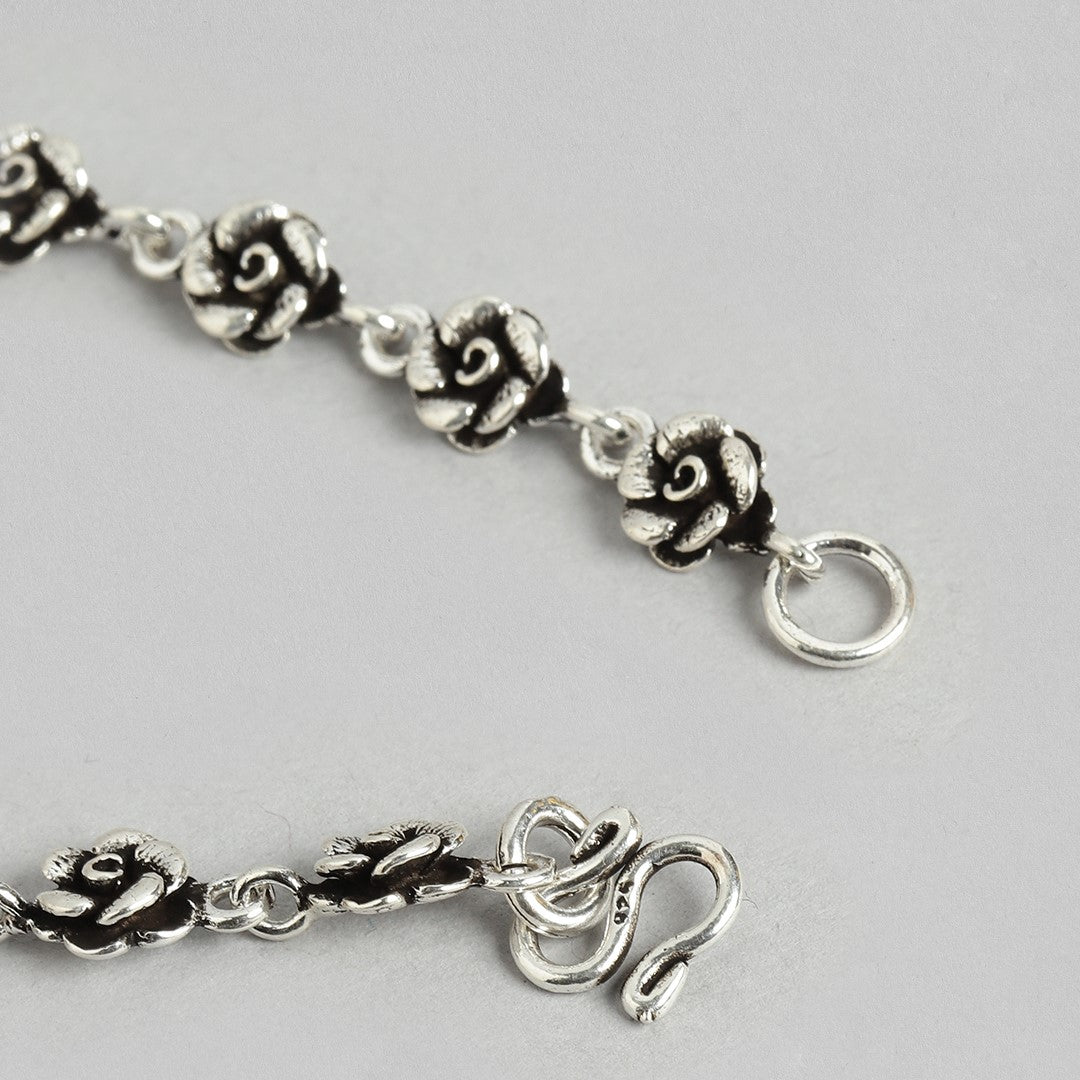 Floral 925 Sterling Silver anklet for women featuring detailed rose chain links and S-hook clasp – Zavya
