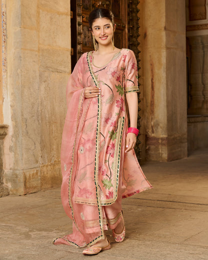 Pita Peach Printed Chanderi Suit Set