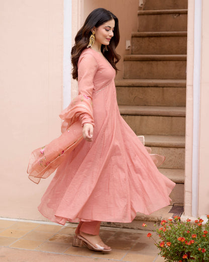 Kunda Peach Handpainted Chanderi Suit Set